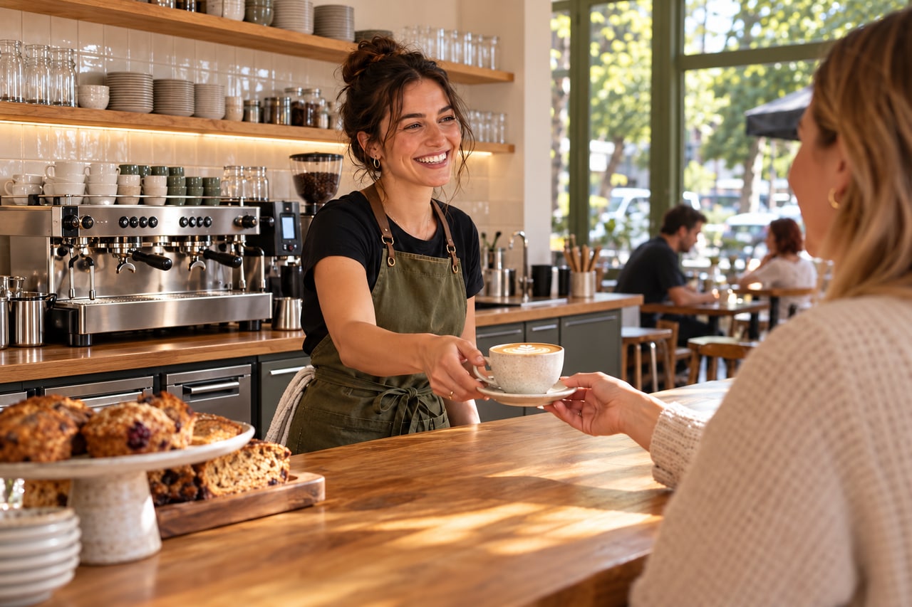 A barista sharing a coffee with a café regular