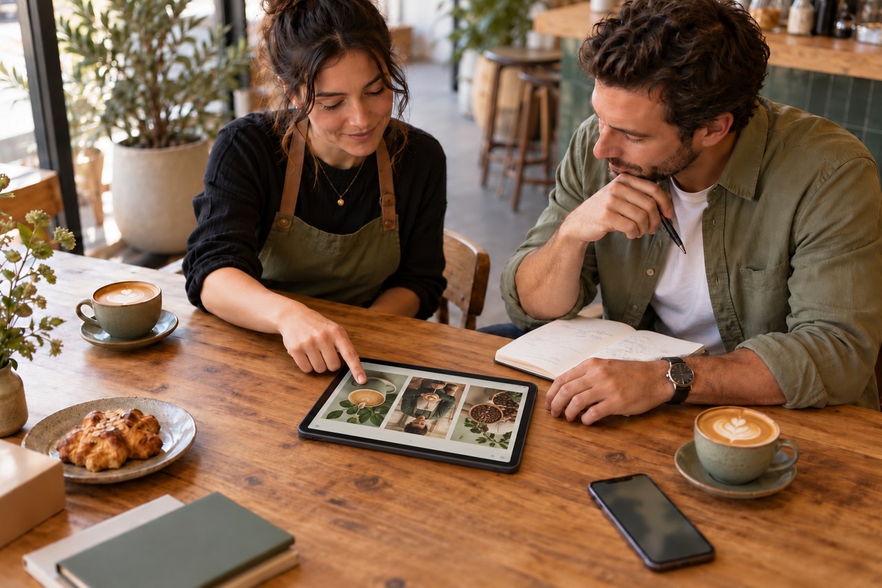 A café owner and adviser shaping a campaign together on a tablet