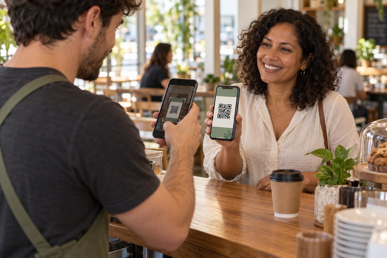 A customer presents her member QR while café staff scan it with the Merchant app